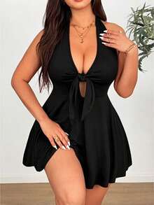 SHEIN SunnyBelle Plus Size Women Halter High Stretch Knit Tie Bow Dress - Black - View 4