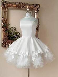 Lovelzi Elegant Luxurious Satin Patchwork Mesh, Handmade Bow Decor, Strapless Bubble Hem A-Line Short Dress, Party Gown - White - View 6