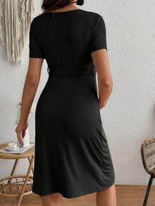 孕妇纯色V领哺乳功能休闲日常连衣裙 - 黑色 - 查看 2