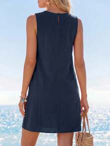 SHEIN LUNE Đầm nữ mùa hè đơn giản, màu trơn, không tay, thích hợp mặc hàng ngày. - Màu xanh hải quân - Xem 2