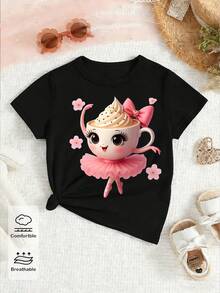 SHEIN 春夏少女休闲时尚创意个性清新简约可爱卡通杯芭蕾少女粉色蝴蝶结爱心花朵图案印花休闲基础款短款T恤，舒适日常穿着，适合春、夏、秋季穿着。 - 黑色 - 查看 5