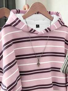 Sudadera con estampado de rayas asimétrico rosa de estilo minimalista casual y estilo universitario, versátil para principios de primavera - Multicolor - Ver 7