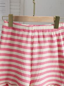 SHEIN 2pcs/Set Striped Bow Tie Sleeveless Crop Top,Ruffle Hem Shorts Set For Teenage Girls,Cute Light Pink Summer Sweet & Spicy Style Family Matching Set - Pink - View 7