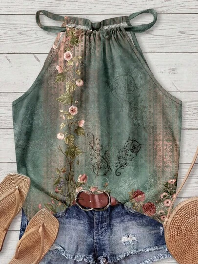 SHEIN LUNE Bohemian Light Green Floral Print Halter Neck Camisole - Summer Vacation Top For Beach, Cruise, Music Festival, Concert, Wedding Guest, City Trip, Island Wear & Country Music Events,Summer Top