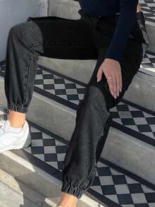 EMERY ROSE Plus Size Brown Casual Cargo Pants Spring - Black - View 4
