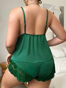 Napfluff CURVE Napfluff CURVE Lace Patchwork High Stretch Knit Sexy Backless Camisole & Shorts Sleepwear Set, Plus Size - Dark Green - View 2