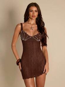 SHEIN BAE Robe en tricot pour femme avec bretelles perlées, élégante pour la plage et les stations balnéaires - Marron - Voir 4