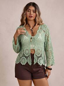 Freevana Cardigan Rajut Wanita Ukuran Besar dengan Ikatan Depan dan Lubang-lubang untuk Liburan Musim Gugur - Mint Green - View 6