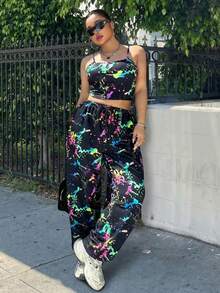 Muchica Women's Plus Size Ink Splatter Print Cami Top And Jogger Pants Set - Multicolor - View 3