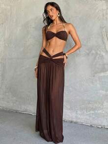 Aloruh Bộ đồ nữ mùa xuân/hè màu nâu trơn mới, trang phục phong cách Bohemian đính hạt cườm và dây chuyền, áo ống + chân váy dài chấm đất, váy voan mỏng gợi cảm thanh lịch, trang phục nghỉ dưỡng nữ, trang phục đi biển nữ - màu nâu - Xem 4