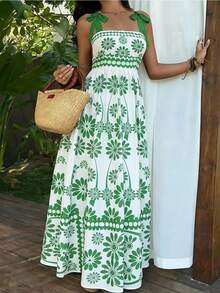 Sunnyshic Summer Lace-Up Vacation Party Floral Retro Delicate Spaghetti Strap Green Luxurious Sweet Cool Fashion Slim Sexy Women Dress - Green - View 1
