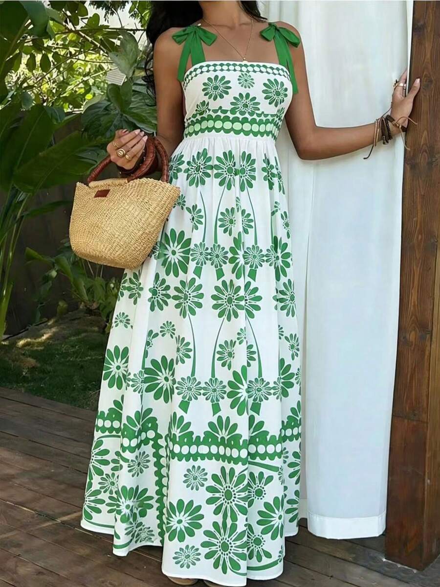 Sunnyshic Summer Lace-Up Vacation Party Floral Retro Delicate Spaghetti Strap Green Luxurious Sweet Cool Fashion Slim Sexy Women Dress - Green - View 1
