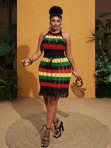 Maweii Women's Y2K Aesthetic Beach Bohemian Casual Colorful Striped Tassel Dress,Green Yellow Black Red Gorgeous Sexy Fashionable Simple Unique Design Skirt Fringe ,Party Vacation Beach Round Neck Sleeveless Cutout Ser, Hem Patchwork Drawstring Cinched Waist Slimming Short Plus Size Knitted Dress, Spring Summer Summer Outfits For Women Jamaica Bkack Dresses For Women - Multicolor - View 5
