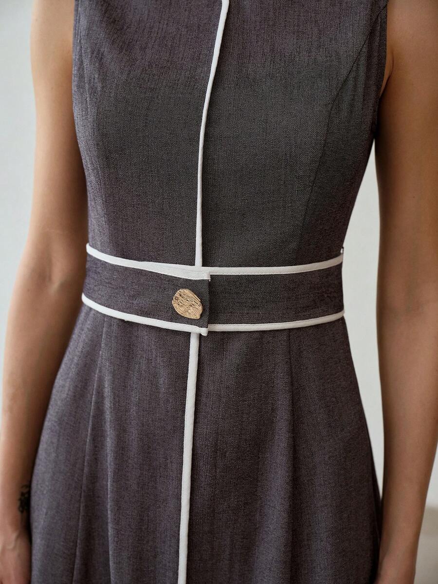 MOTF PREMIUM V-NECK SLEEVELESS CONTRAST TRIM DESIGN WOMEN'S MID-LENGTH DRESS, SPRING/SUMMER - Navy Blue - View 2