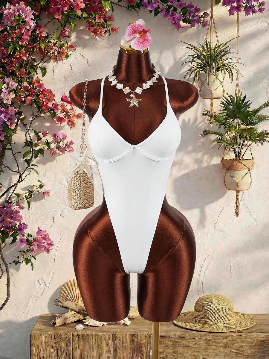 Amplova 女士连体泳衣，带罩杯设计，防水，防紫外线，四向弹力，适合海滩度假，防止日晒。 - 白色 - 查看 1