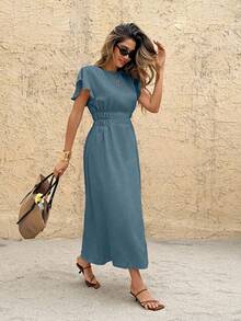 SHEIN Frenchy Women's Solid Color Round Neck Short Sleeve Waist Ruched Casual Mid-Length Dress - Blue - View 6