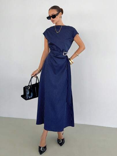 Siren Gaze 藏蓝色条纹连衣裙，优雅的OL长裙，配有腰带和金属扣，适合返校和教师穿着