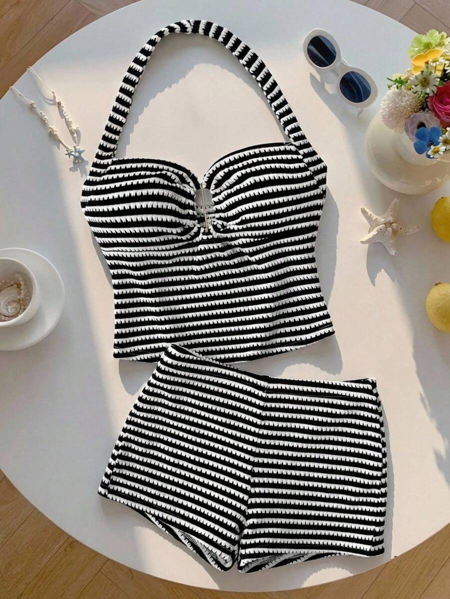 SHEIN 少女两件套露背上衣和超短裤套装，粉色休闲度假纹理服装，适合夏季、居家、青少年 - 黑與白 - 查看 1