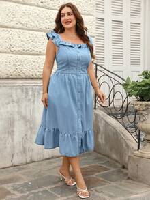 SHEIN Holidaya Plus Size Women Casual Ruffle Hem Denim Dress - Light Wash - View 5