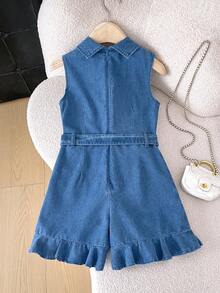 SHEIN Tween Girls Y2K Summer Fashionable V Neck Cute Jumpsuits Ruffle Hem With Belt Waist, Women's Elegant Flowing Jumpsuits,Summer Boho Beach Concert Rave Festival, Summer Cute Shorts, Summer Holidays,Spring,Beach, Vacation Casual Girl, Valentine's Day,Suitable For Spring And Summer,Season Vintage/Beach/Sea/Elegant Graduation,Casual's Jumpsuit,Summer Holiday,Spring,Beach - Light Wash - View 4