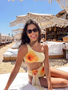 Bonvoyette 两件套女士碎花吊带连体泳衣，配不对称网纱裙摆，性感优雅的夏季度假装 - 黃色 - 查看 4