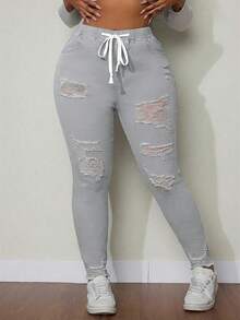SHEIN SXY Quần jeans nữ cỡ lớn, cạp chun, kiểu rách, có dây rút, đa năng. - Màu Xám nhạt - Xem 5