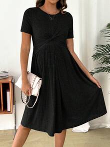 SHEIN Maternity Solid Color Round Neck Short Sleeve Twist Design Nursing Dress - Black - View 4