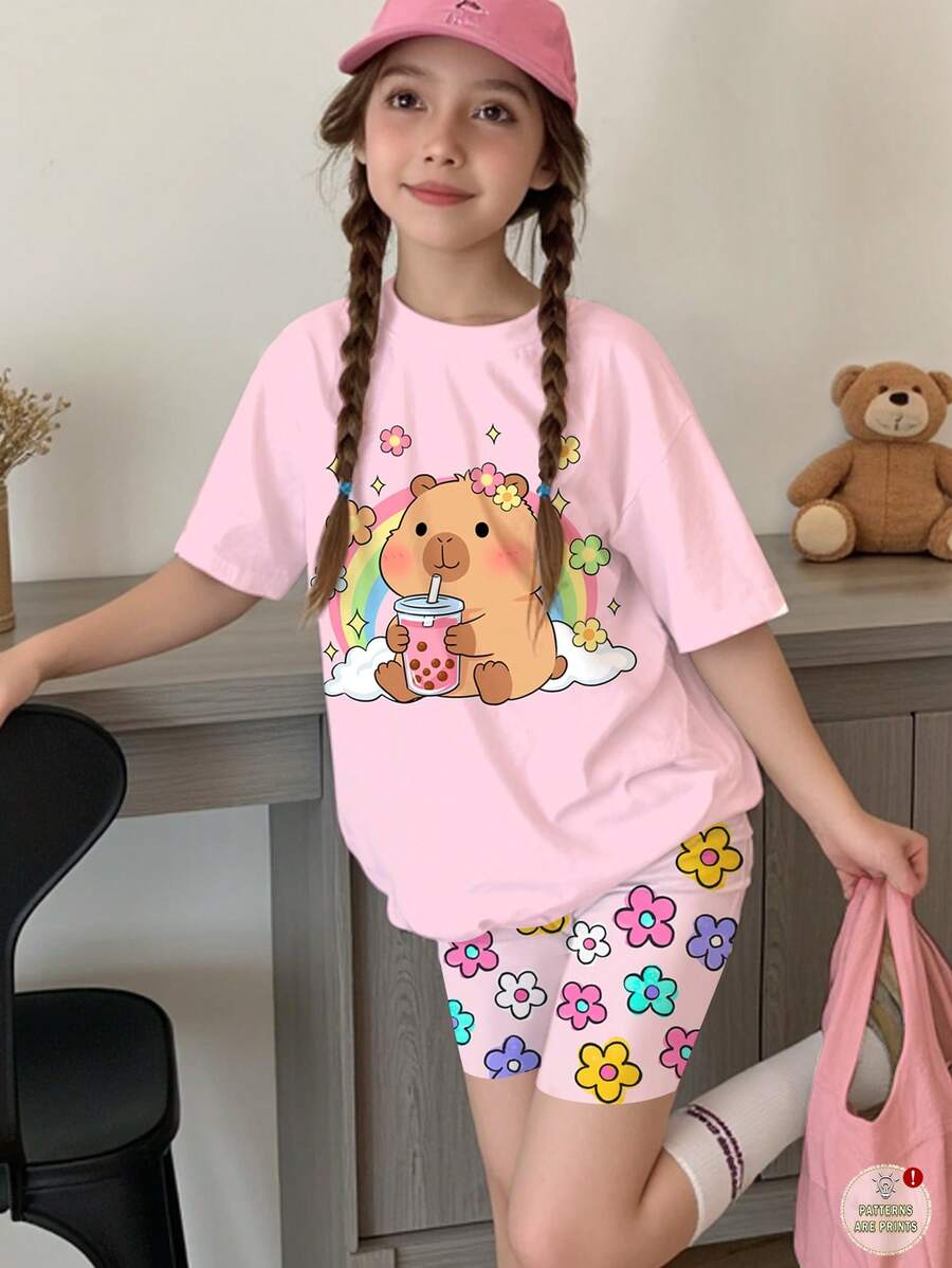 Bộ 2 món cho bé gái tuổi teen, kiểu dáng thường ngày, họa tiết hoạt hình Capybara dễ thương, hoa văn nhiều màu sắc, màu kem hồng, áo thun cổ tròn tay ngắn và quần legging bó sát, thích hợp mặc hàng ngày vào mùa xuân/hè, đi nghỉ mát, dã ngoại, phong cách Y2K, dễ thương, thoải mái cho trẻ em, thời trang thu đông cho trẻ em, phong cách mới mùa thu, thời trang hoa nở, bộ đồ hai mảnh cho bé gái, dễ chịu, dễ thương, thoải mái, phong cách mùa xuân và mùa hè ấm áp, mùa hè, đi nghỉ mát, nhuộm tie-dye, bộ màu hồng. - Nhiều màu - Xem 1