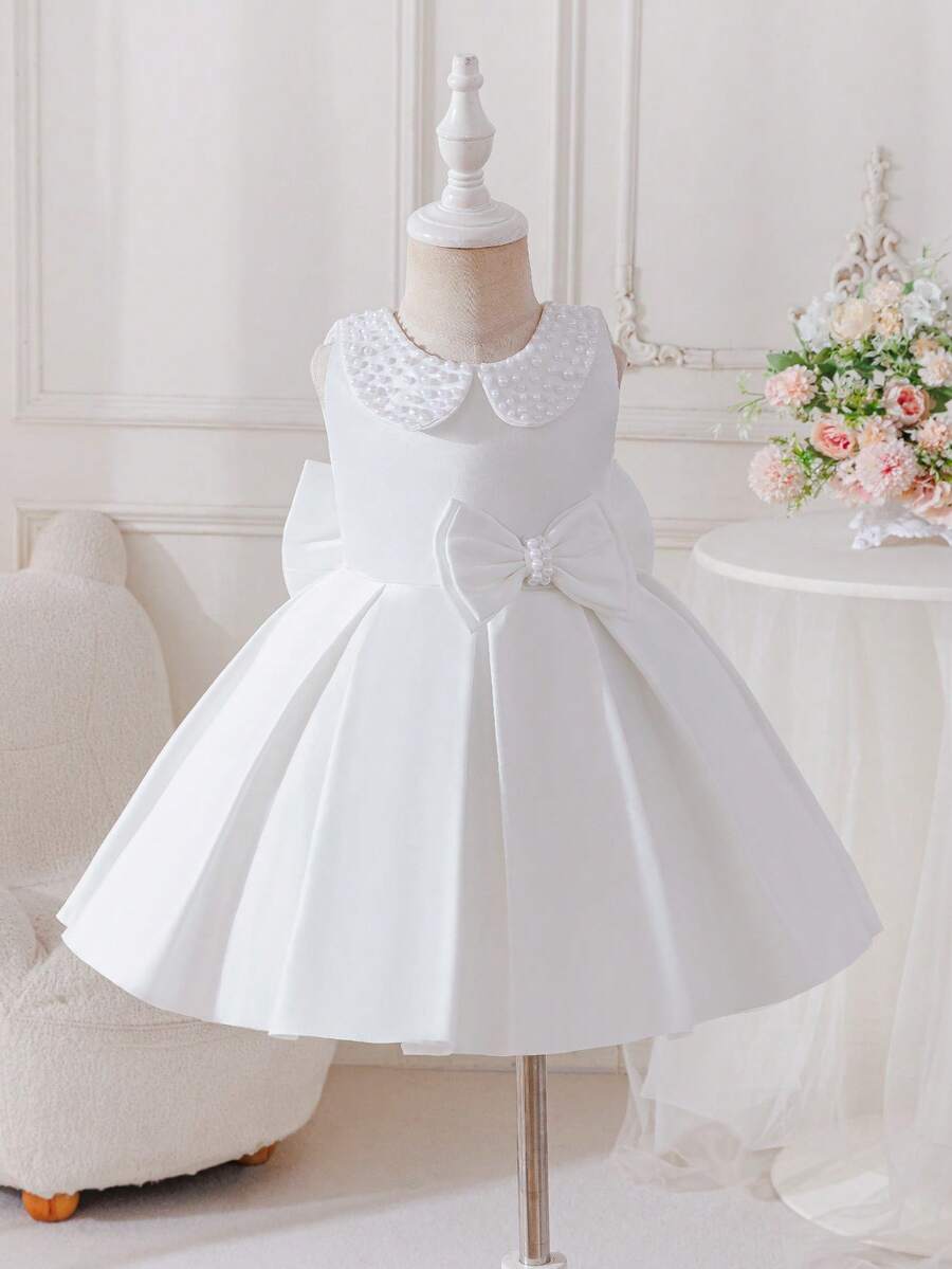 Glamorique Kids 女婴婚礼花童礼服，优雅珍珠领大蝴蝶结缎面蓬蓬裙，适合幼儿生日庆祝活动 - 白色 - 查看 1