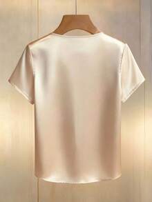 SHEIN PETITE Women's Elegant Summer Tea Party White And Gold Satin Blouse,Petite Round Neck Short-Sleeved Top With Pearl Embellishments,Formal Office Shirt - Champagne - View 2