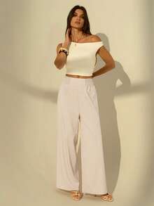 SHEIN Tall Summer Casual Vacation High Waist Wide Leg Pants - Apricot - View 8