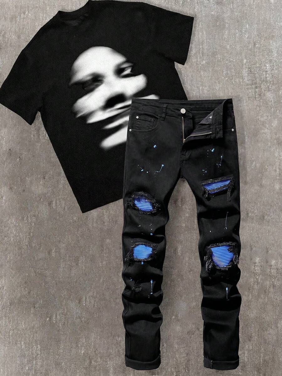 SHEIN Teen Boy Casual Mid Rise Jeans, Ripped Holes Patchwork And Random Splatter Paint Design - Black - View 1