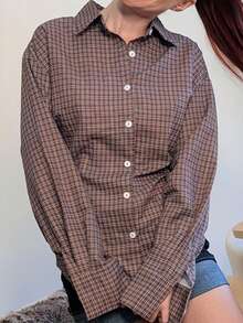Abrilcols Brown Plaid Fitted Waist Shirt For Women, Fashionable And Retro Autumn/Winter Plaid Long-Sleeved Shirt, Suitable For Everyday Outings And Commuting, Autumn/Winter Women's Clothing. Casual Spring - Brown - View 3