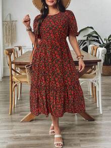 SHEIN VCAY 大码优雅碎花泡泡袖度假连衣裙 - 彩色 - 查看 5