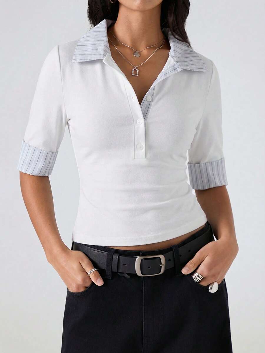 LYSMO Chiếc áo thun nữ dáng ôm thời trang tối giản mùa xuân 2026 với tay raglan phối màu, cổ bẻ nửa mở này phù hợp cho việc đi làm, Giáng sinh, Năm mới, Lễ Tạ ơn, Lễ tốt nghiệp và các dịp khác. Nó thanh lịch, đa năng và hoàn hảo cho trang phục thường ngày ở nhà. Thiết kế cổ chữ V sâu, màu trắng và sự thoải mái thường ngày khiến nó trở thành một lựa chọn tuyệt vời. - trắng - Xem 1