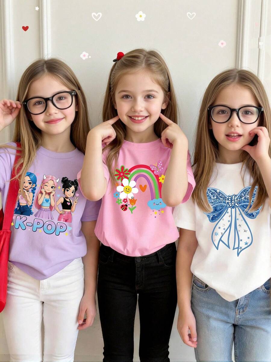 3pcs/Set Girls Casual T-Shirt Combo, K-POP Star + Rainbow Butterfly + Rhinestone Bow Print, Comfortable Round Neck Tops, Suitable For Spring, Summer, Autumn, White, Pink, Purple, Cute & Fun Girls Summer Short Sleeve, Assorted Colorful Styles - Pink - View 1