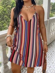 SHEIN VCAY Plus Size Striped Print V-Neck Halter Backless Beach Dress - Multicolor - View 4