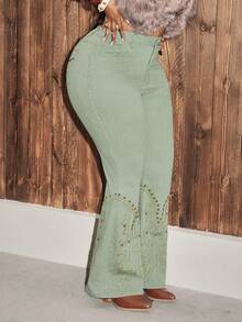 Slaydiva Plus Size Women High Waist Studded Flare Leg Jeans - Green - View 5