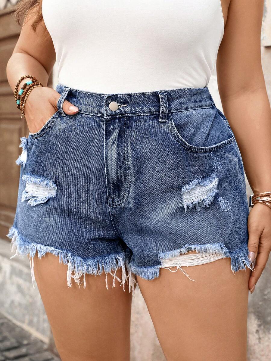 Breezaya Plus Size Women Ripped Denim Casual Shorts - Medium Wash - View 1