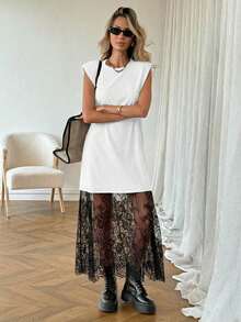 SHEIN LUNE Đầm maxi nữ màu trơn không tay phối ren, thích hợp mặc hàng ngày, đi làm, thời trang đa năng, mùa xuân và mùa hè. Chiếc đầm này phù hợp cho kỳ nghỉ xuân, mặc mùa hè, với nhiều kiểu dáng như đầm maxi thường ngày, đầm đi chơi, đầm hè, v.v. Màu đen phù hợp để mặc hàng ngày, đi làm, mặc mùa hè và hơn thế nữa. - Nhiều màu - Xem 3