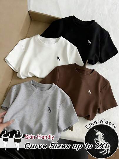 SHEIN CURVE+ Áo thun nữ cỡ lớn mùa xuân/hè thêu hình kỳ lân phong cách retro, cổ tròn, tay ngắn, kiểu dáng thường ngày, đa năng, dáng suông, thoải mái, thích hợp mặc đi làm, nhiều màu sắc, áo lót ôm sát, dễ chịu.