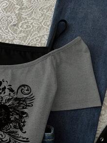 少女休闲无袖印花吊带背心，Y2K暗黑风格图案T恤，适合夏季，个性化T恤，少女图案T恤，适合春夏，春日氛围，夏日氛围，春夏穿搭，轻松舒适，时尚少女套装，休闲装，儿童印花服装，春夏套装，新款，轻松休闲，春日氛围，轻松夏日假期 - 灰色 - 查看 5