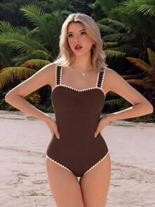 SHEIN Swim Mod Traje de baño de una pieza de unicolor y elegante con acanalado, atuendo de playa para el verano - Marrón - Ver 3