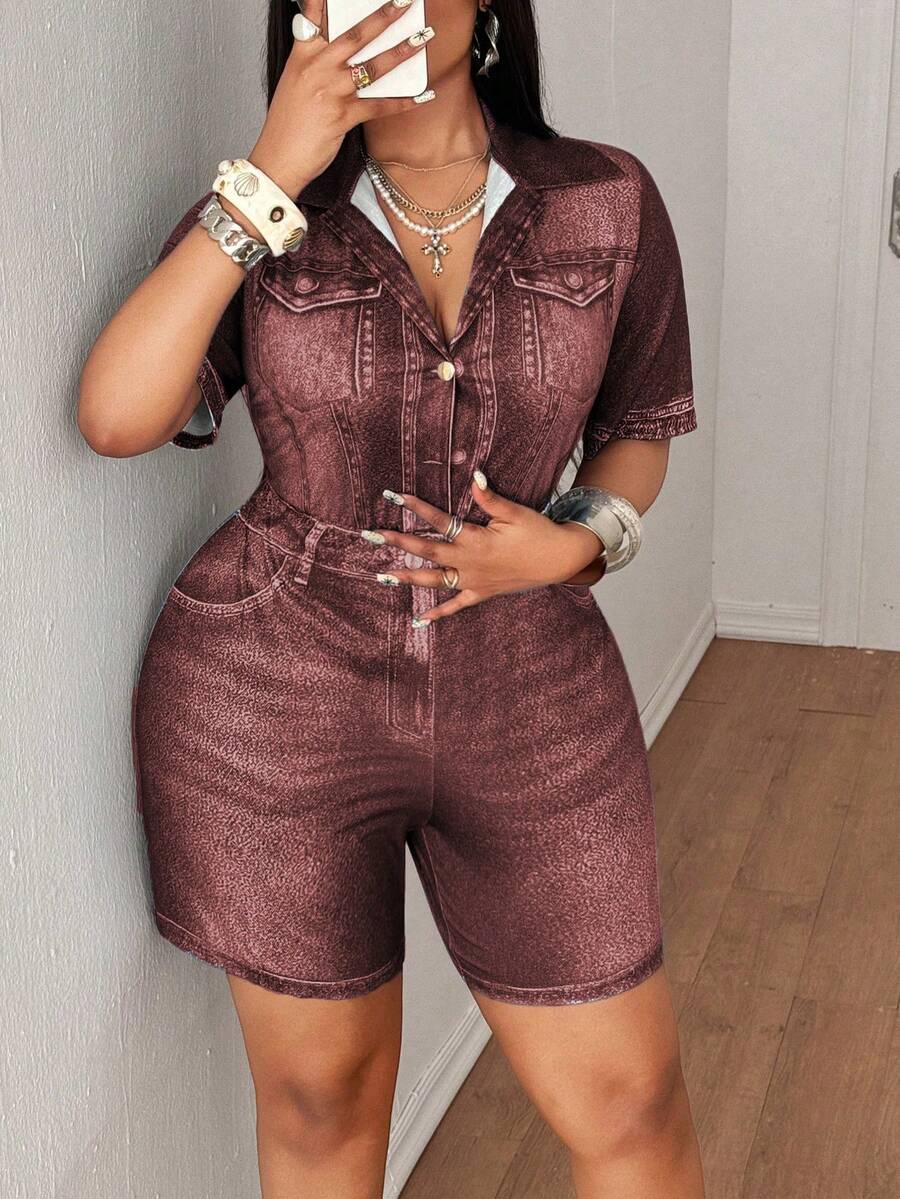 Maweii Plus Size Women Denim Effect Print Short Sleeve Casual Jumpsuit - Red - View 1