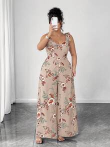 Elenzga Tuta ampia con lacci, casual e romantica, adatta per le vacanze, taglie comode - Beige - Visualizzare 4