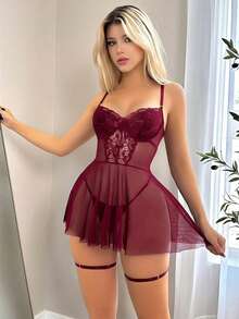 4pcs/Set Lace Contrast Mesh Sexy Nightgown For Women - Burgundy - View 4