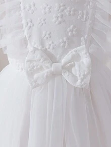 Glamorique Kids Đầm dự tiệc tay bồng bằng vải tuyn dệt jacquard mới cho bé gái mùa xuân/hè, họa tiết nơ 3D. - trắng - Xem 4