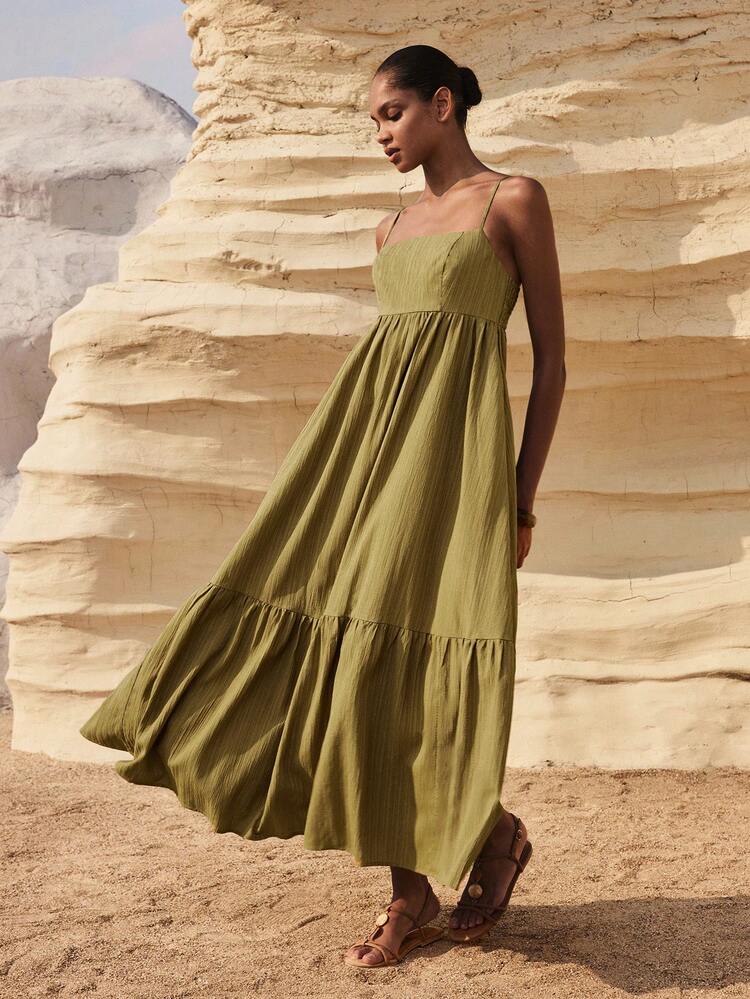 SHEIN Maija Women's Solid Color Ruffle Hem Spaghetti Strap Dress, Vacation