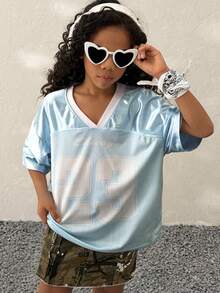 Coolane Kids 少女Y2K休闲运动超大号数字印花网眼T恤，街头风 - 淺藍色 - 查看 2