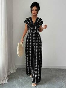 Elenzga 女士藏蓝色印花V领束腰连体裤，配肩带，设计优雅精致，适合情人节、复活节、劳动节、生日礼物、约会、派对、正式场合、教师装、旅行、春夏穿着。 - 黑色 - 查看 3